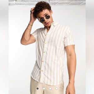 Jack & Jones Beige Striped Short Sleeve Oxford Casual Shirt Neutral Preppy XL
